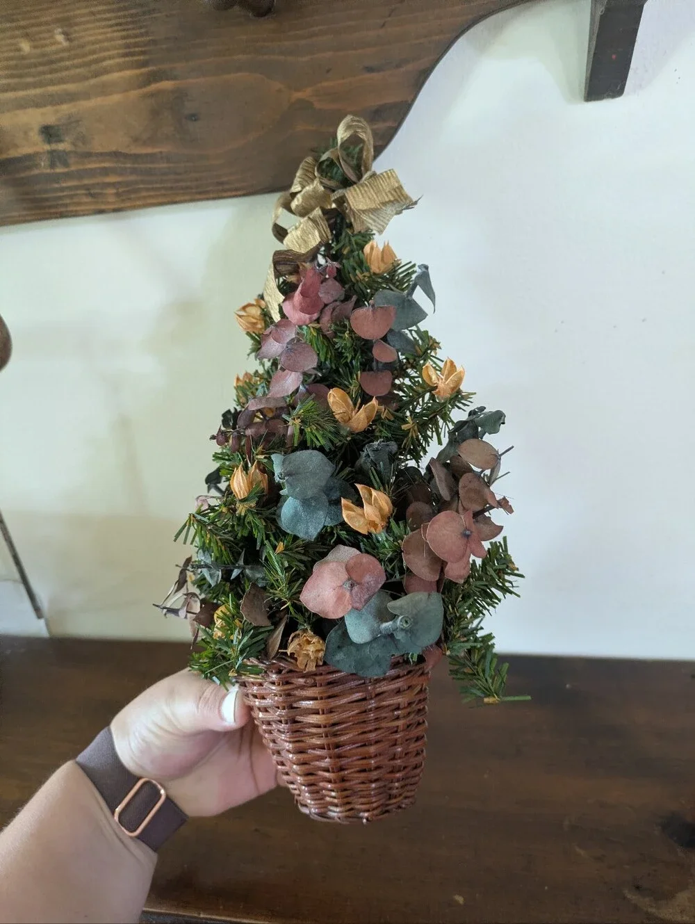 Vintage Tabletop Dried Floral Christmas Tree Basket Cottagecore Boho Decor
